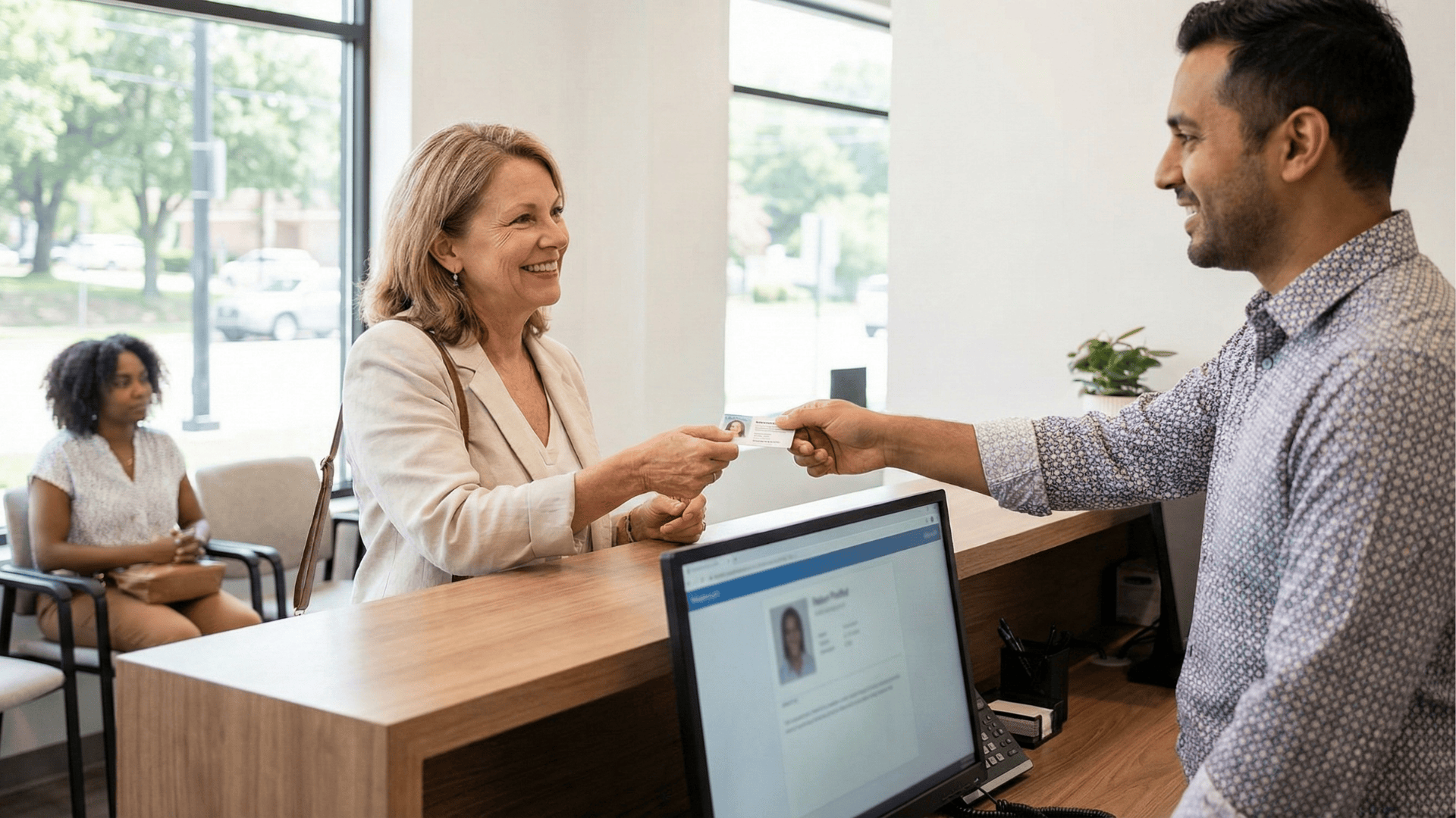 Patient checking in at clinic front desk with staff using connected systems