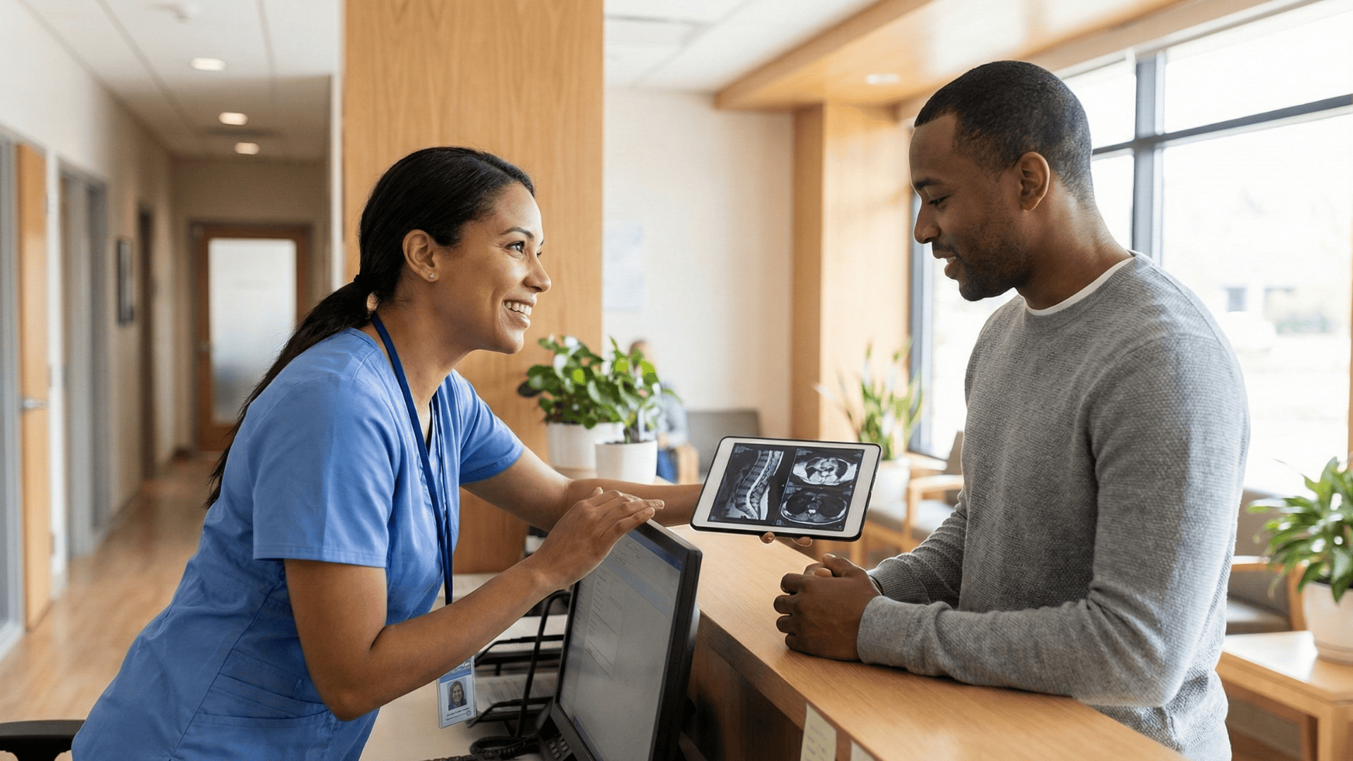 Healthcare staff explaining imaging results to a patient at a clinic front desk