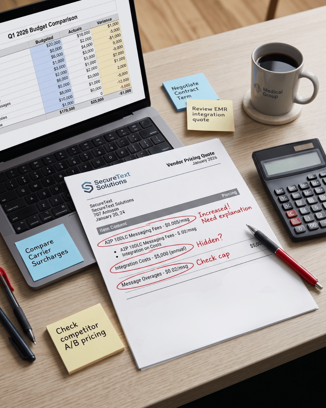Desk with vendor quote, calculator and spreadsheet comparing HIPAA texting platform costs