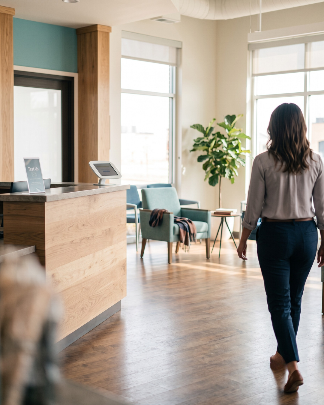 Patient's view entering a modern medical office with digital check-in