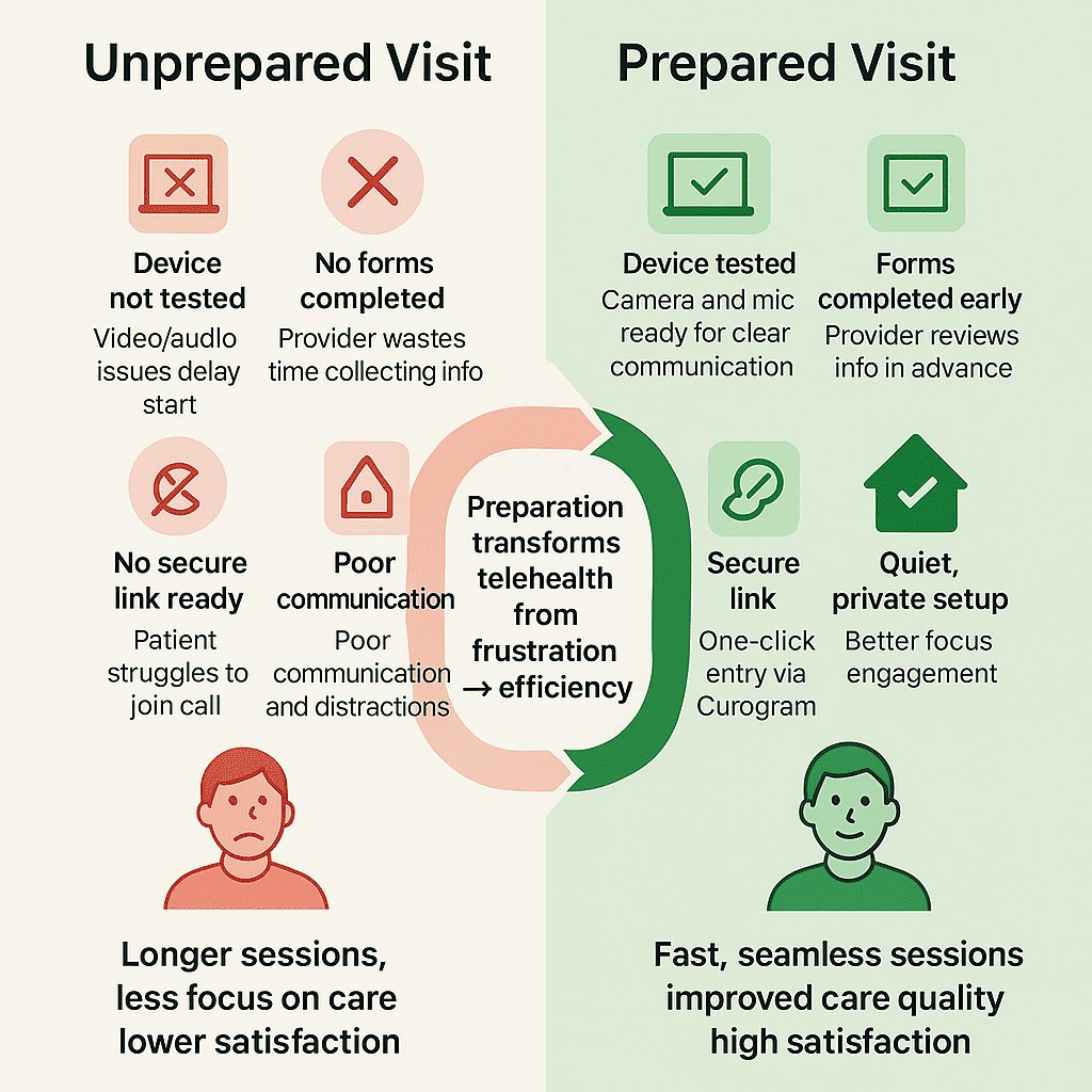 Comparison between unprepared vs prepared telehealth visits. Why preparation matters for clinics and patients.