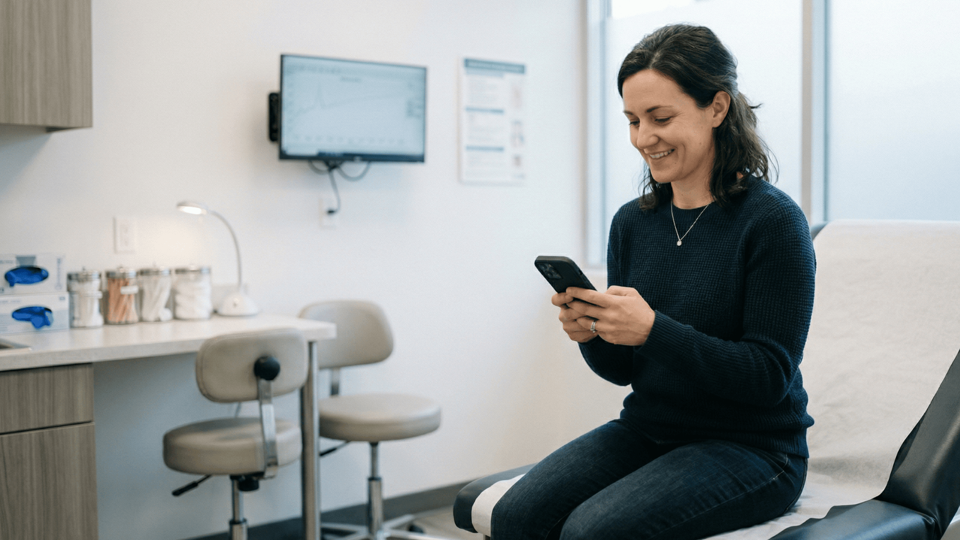 Patient in exam room checking a text message from their doctor's office