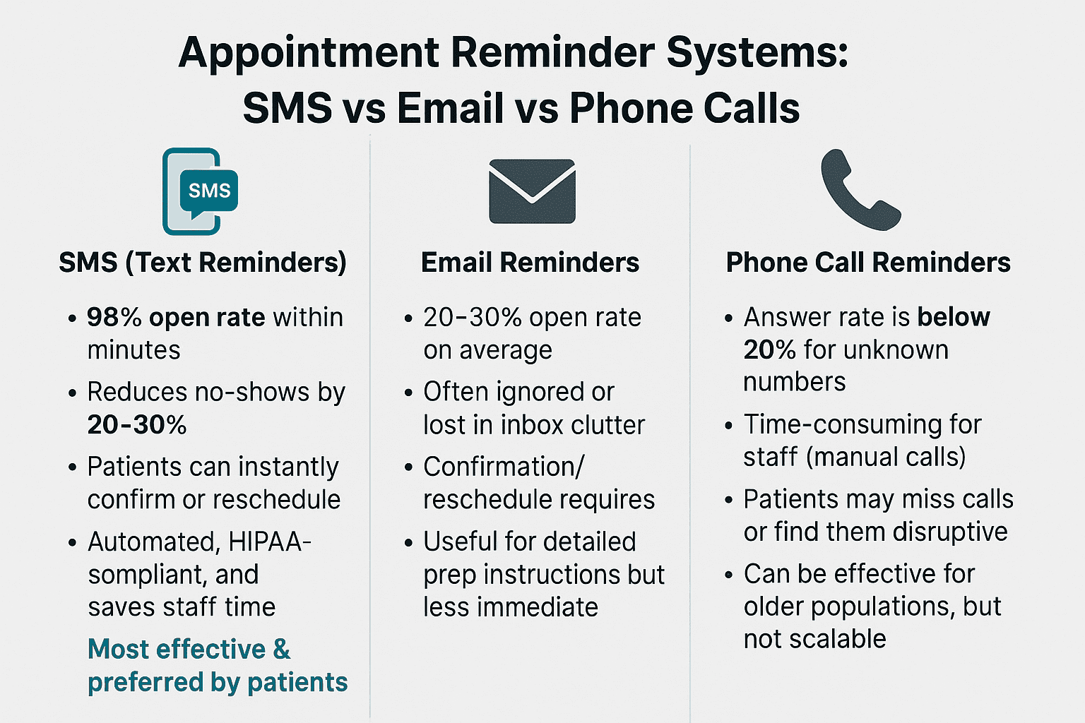 Comparison between SMS, email, and phone calls in terms of effectiveness when it comes to reminders.