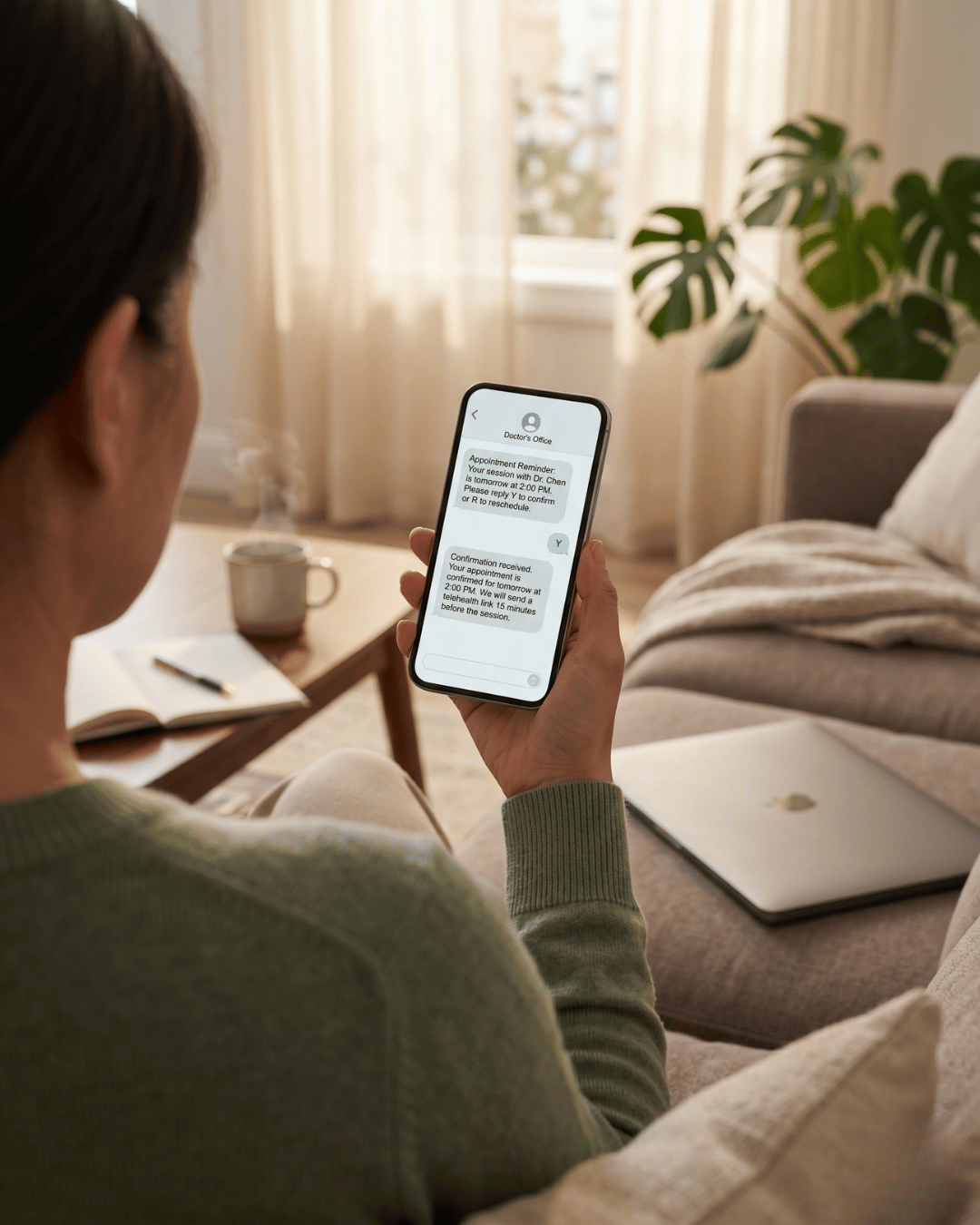 Patient confirming a hybrid telehealth appointment by text message from home before a therapy session.