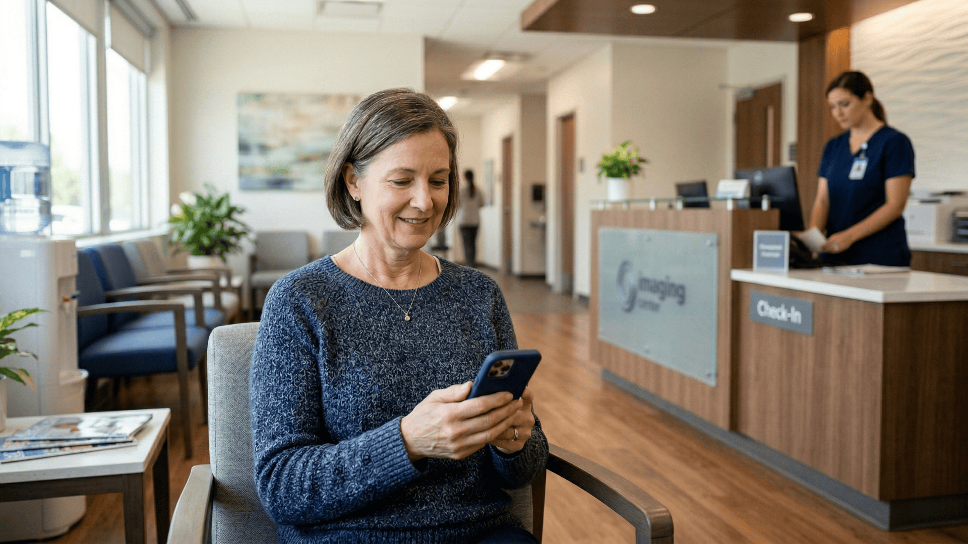 Patient reading automated follow-up recall text at an imaging center waiting area