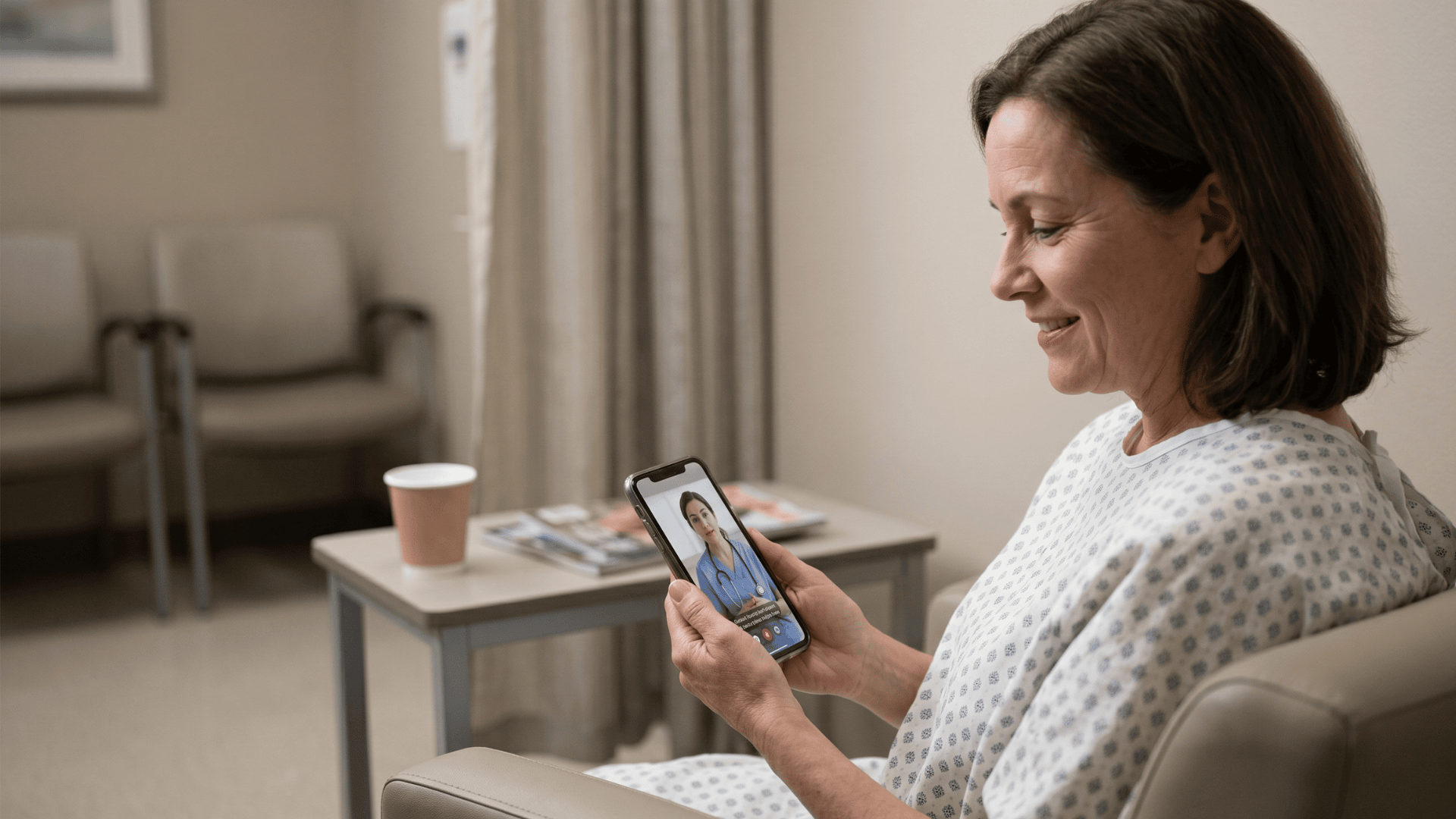 Patient reviewing pre-procedure video consultation on smartphone before MRI