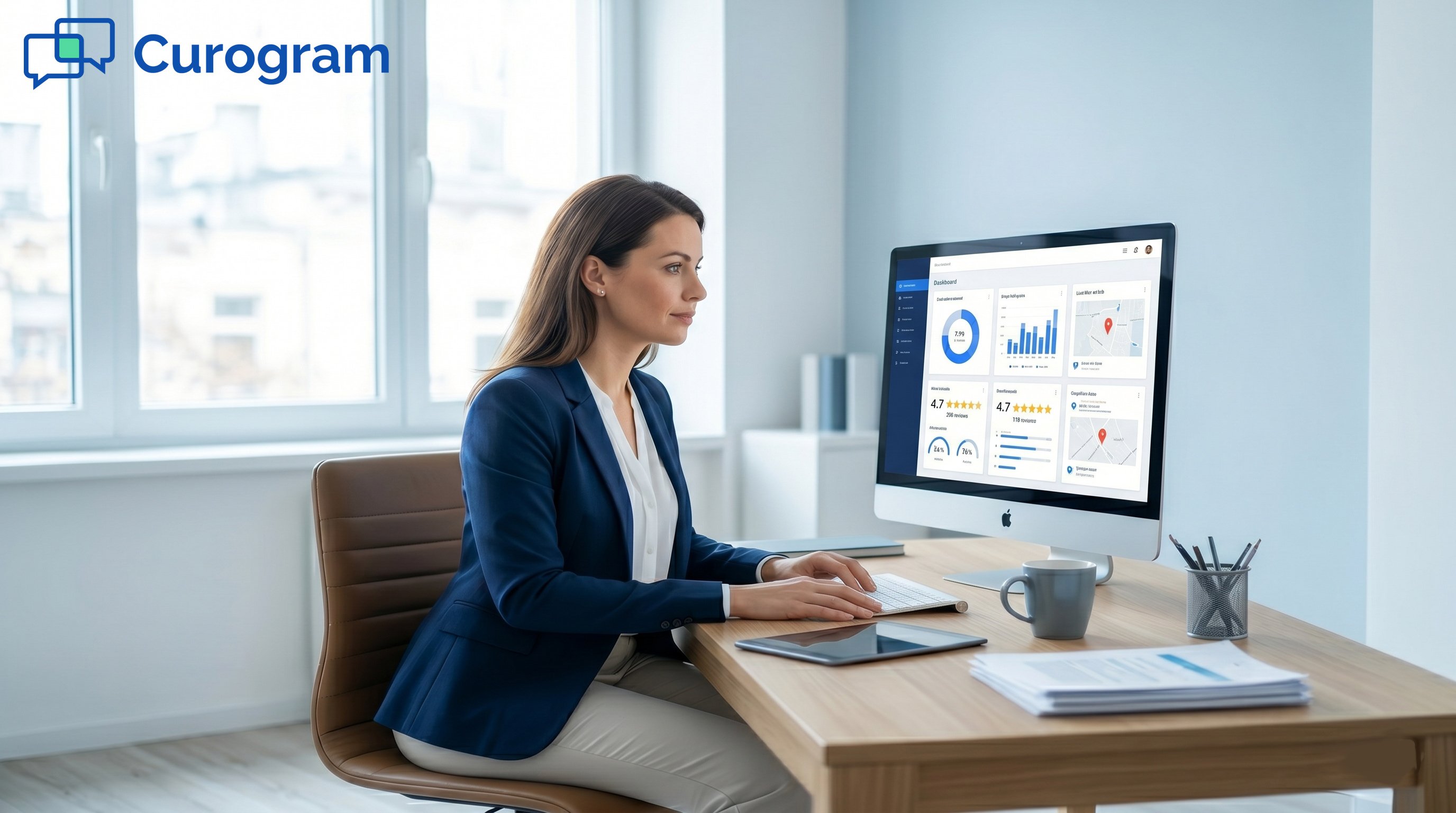 Healthcare administrator analyzing location star ratings and patient review counts on a dashboard