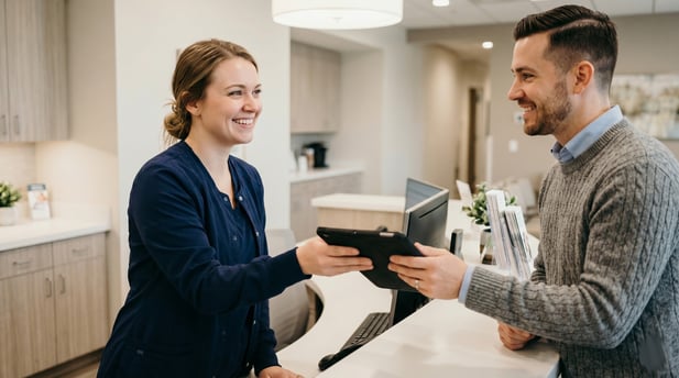 Smiling medical front desk staff handing a patient feedback tablet to a male patient