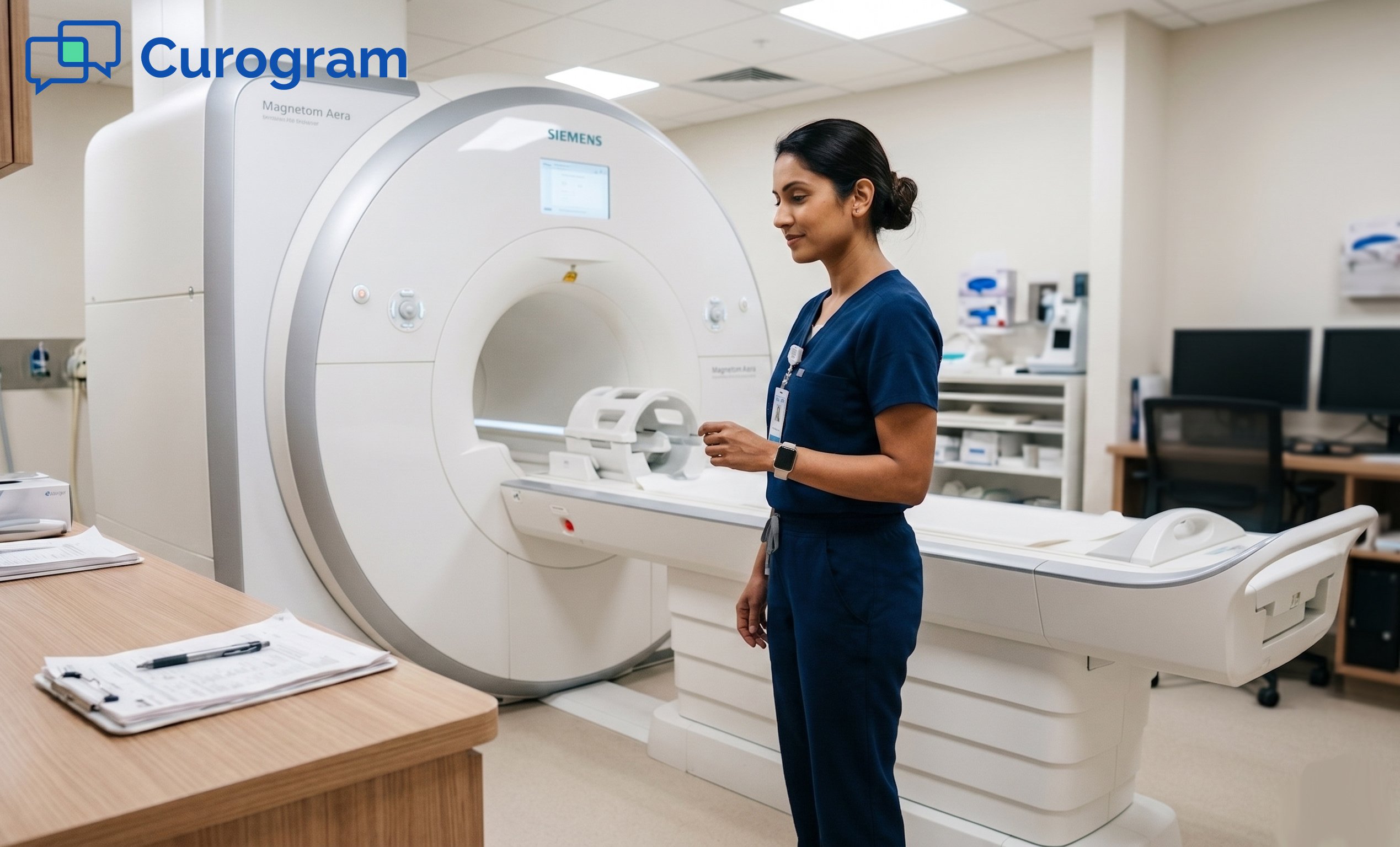 Modern MRI scanner with a radiologist standing getting ready to do work