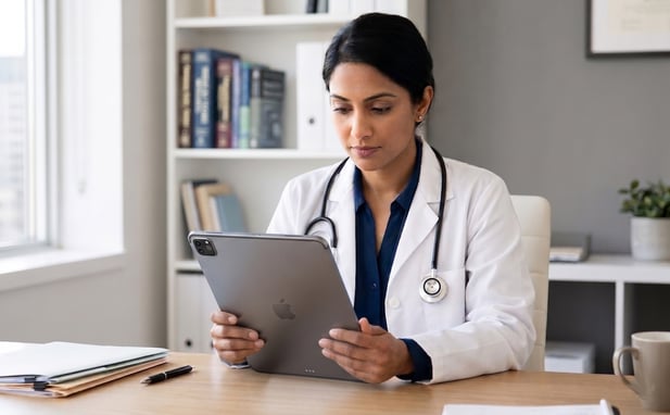 Doctor viewing physician search results on a tablet.