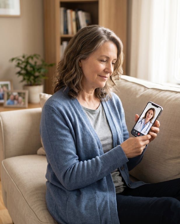 Patient connects for virtual radiology consultation on her mobile phone from home