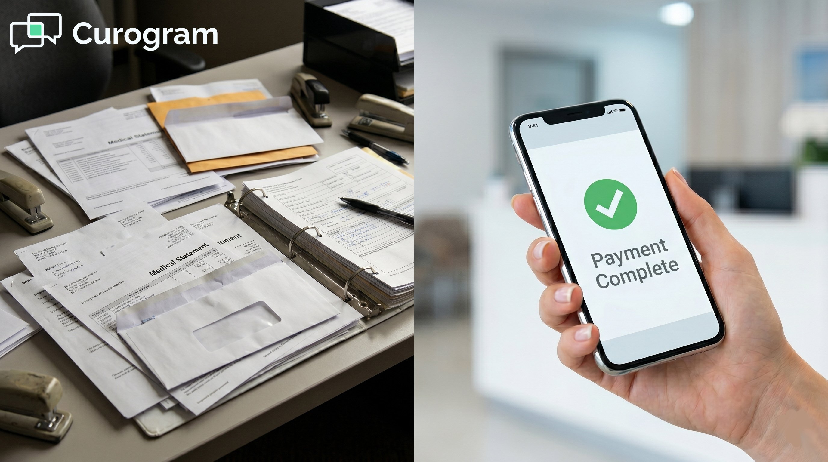 Two-panel image of a desk cluttered with papers and financial statements and a smartphone showing a 'Payment Completed' message