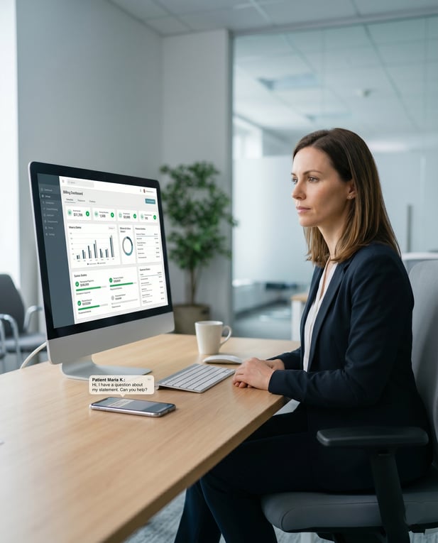 A medical admin looking at figures in her computer