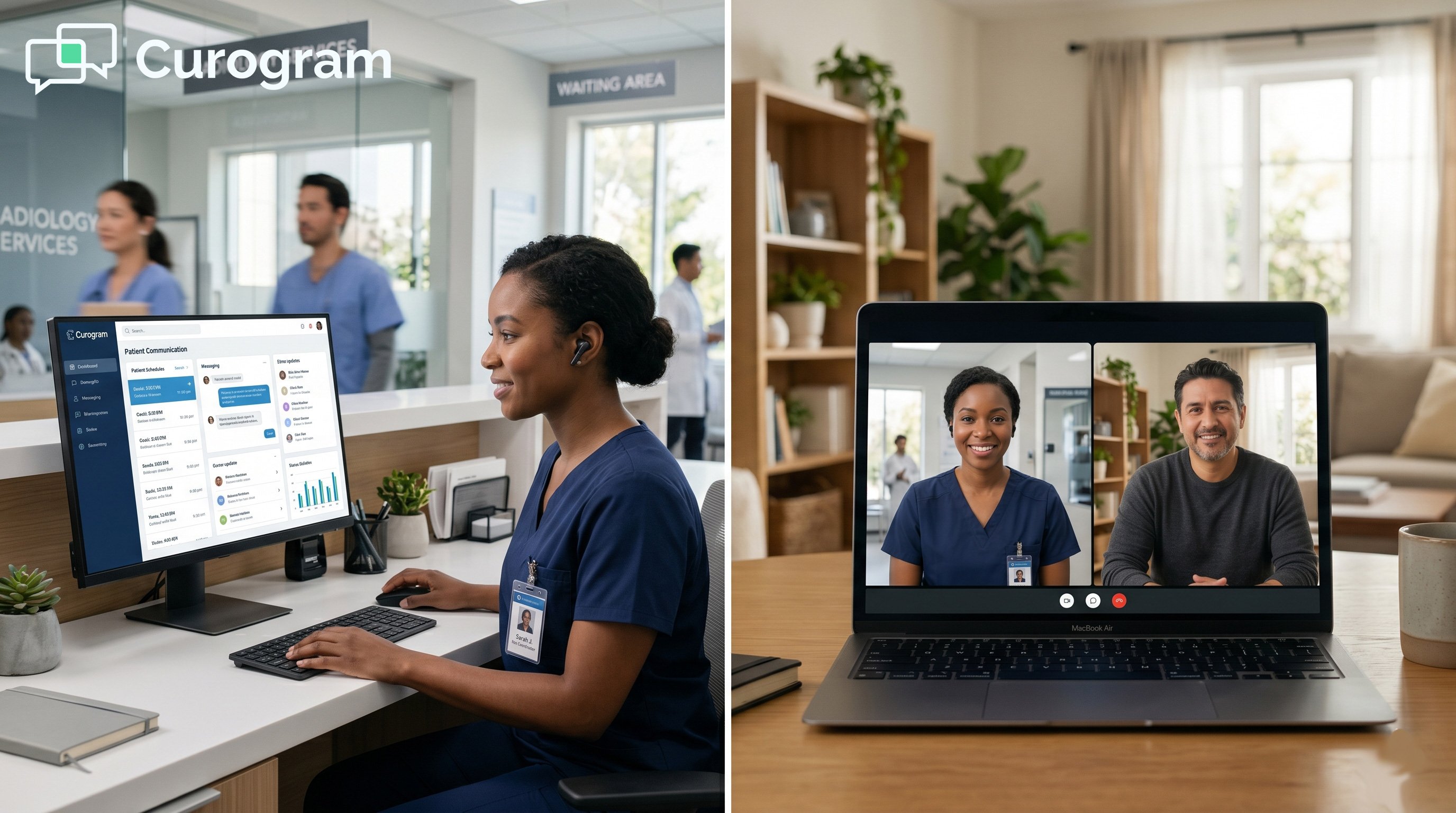 Split view of a healthcare provider using a communication dashboard and engaging in telehealth