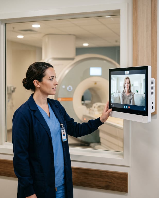 Provider using a wall-mounted digital tool for remote patient engagement in an MRI suite
