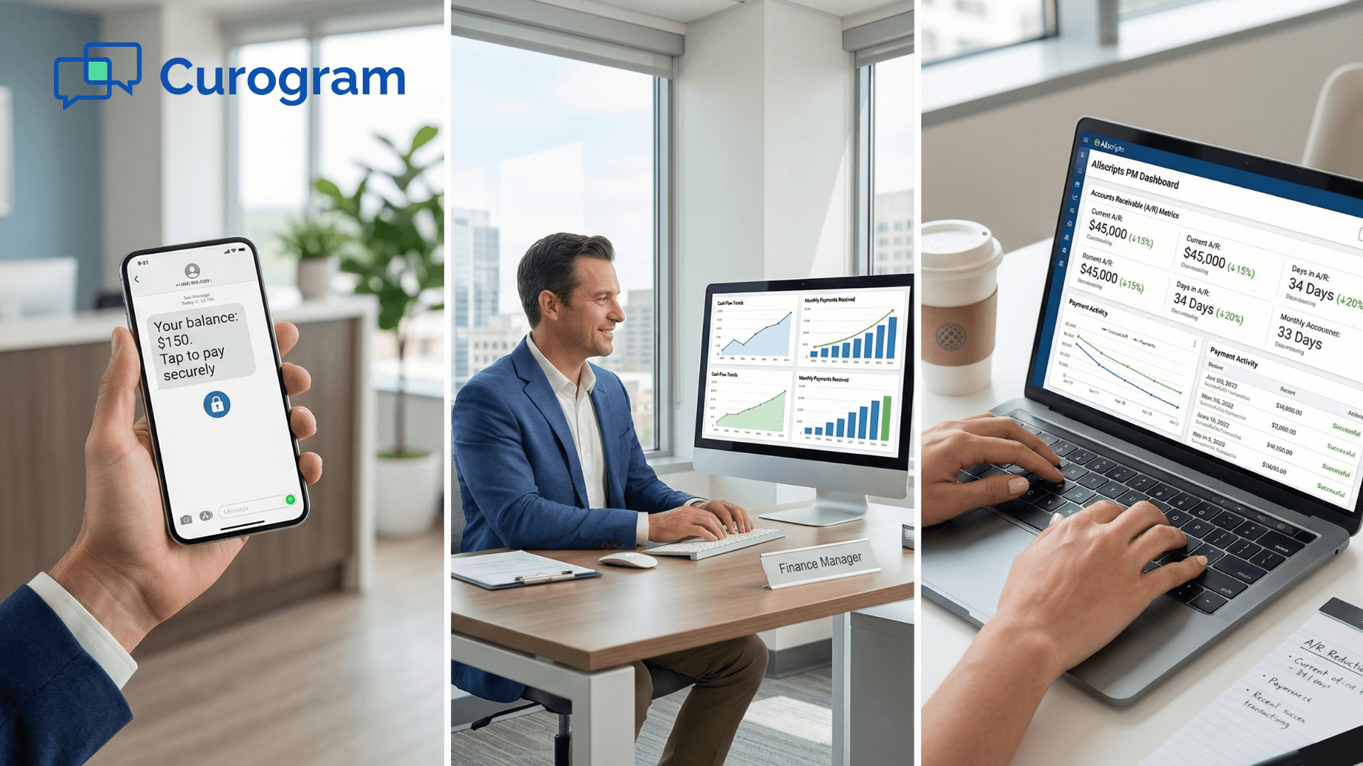 Text-to-pay mobile payment and medical practice financial dashboard