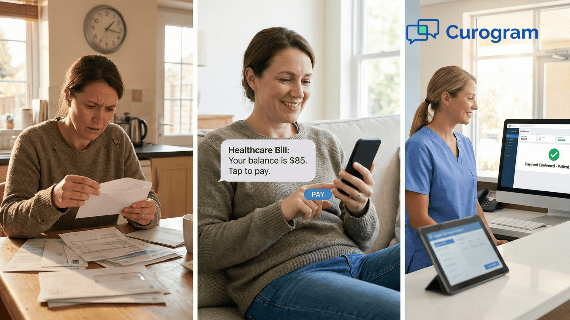 Parent paying a clinic bill by text on a phone while staff sees payment confirmed.