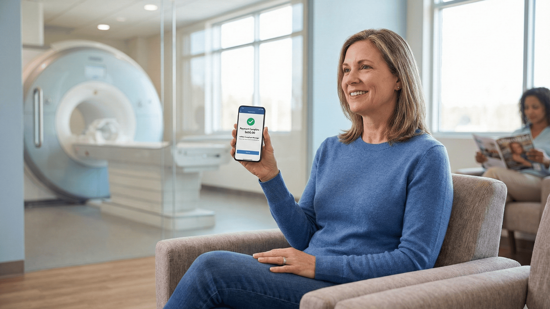 Patient paying imaging bill on smartphone in modern radiology waiting room