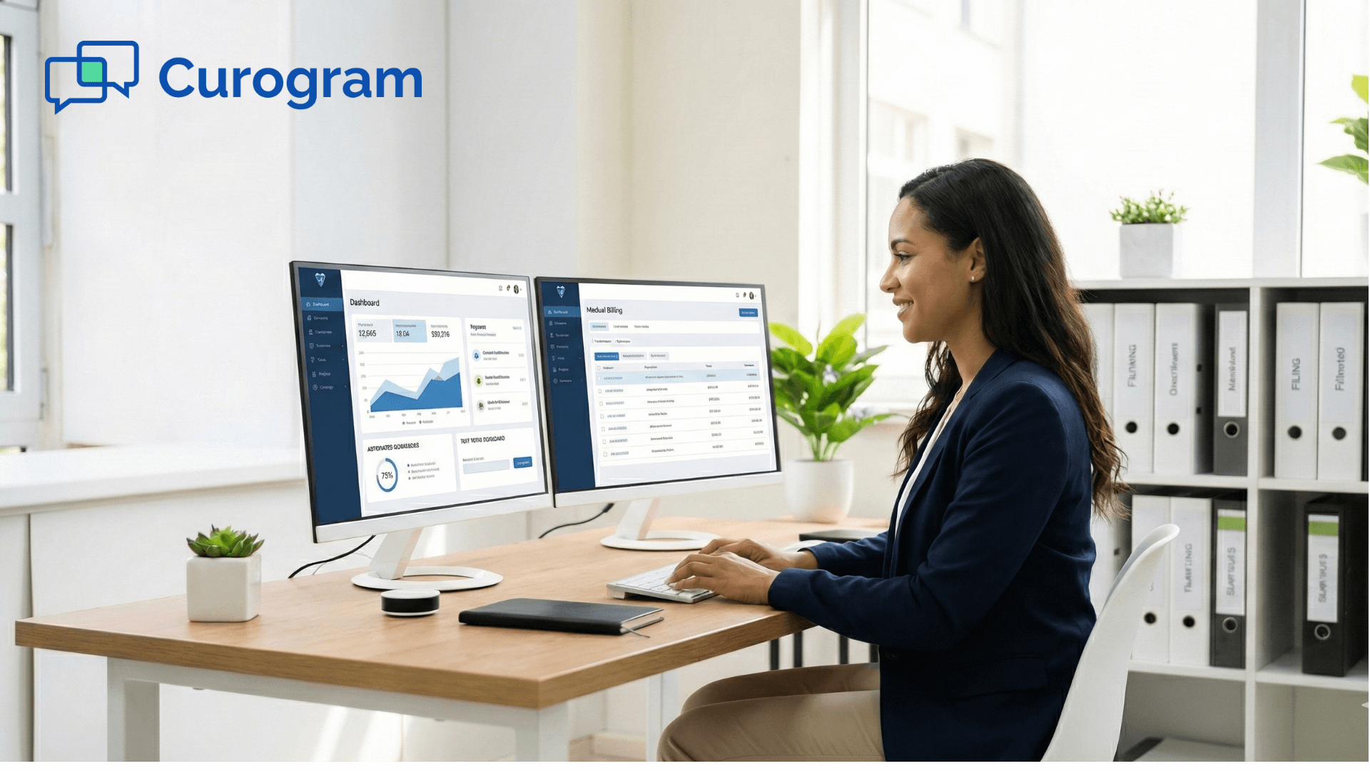 Medical billing staff managing dashboard and payment data on dual monitors