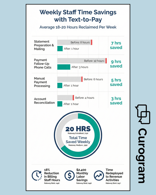 Infographic showing 20 hours weekly staff time savings with text-to-pay system