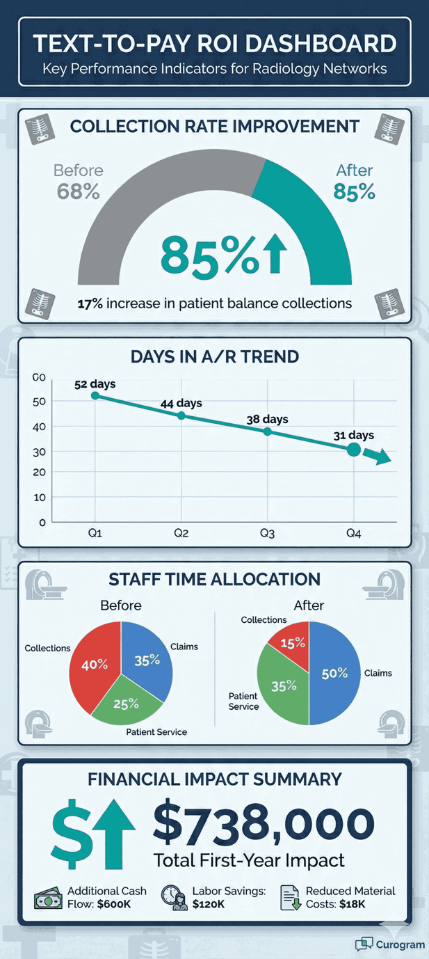 Text-to-pay ROI dashboard showing collection rates and financial impact for radiology