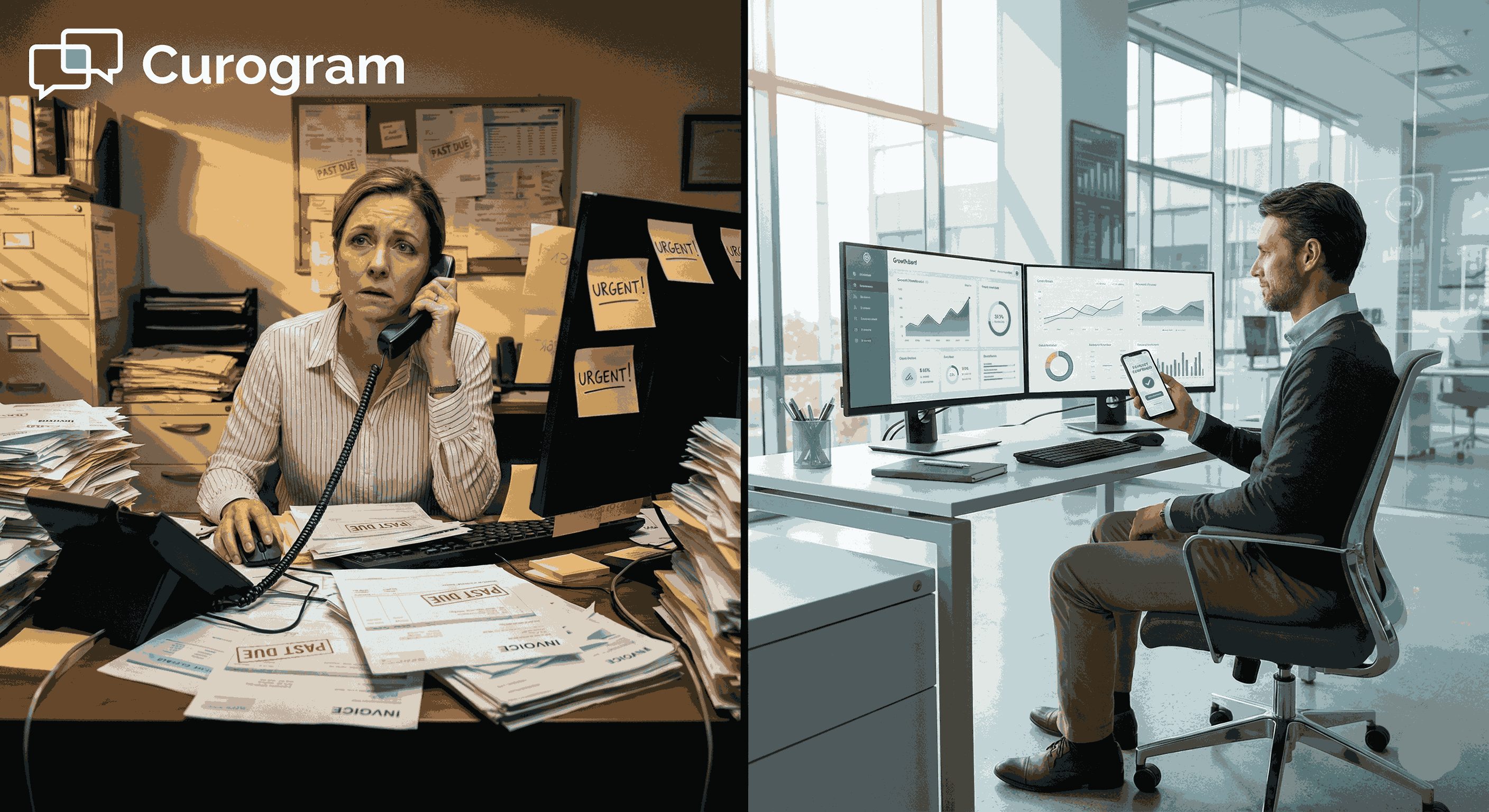Stressed manual billing vs. efficient Curogram digital payment automation.