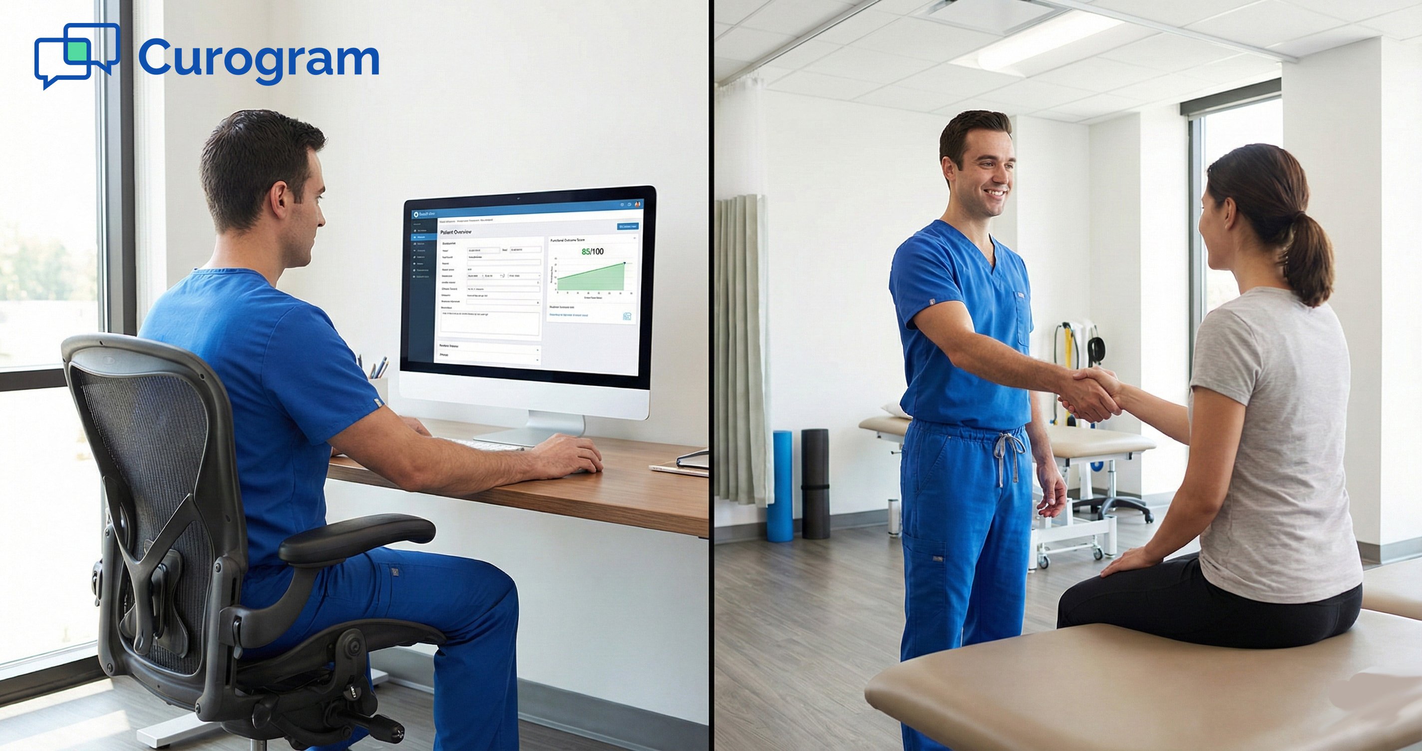 Physical therapist reviewing electronic outcome data before greeting a patient in the clinic room