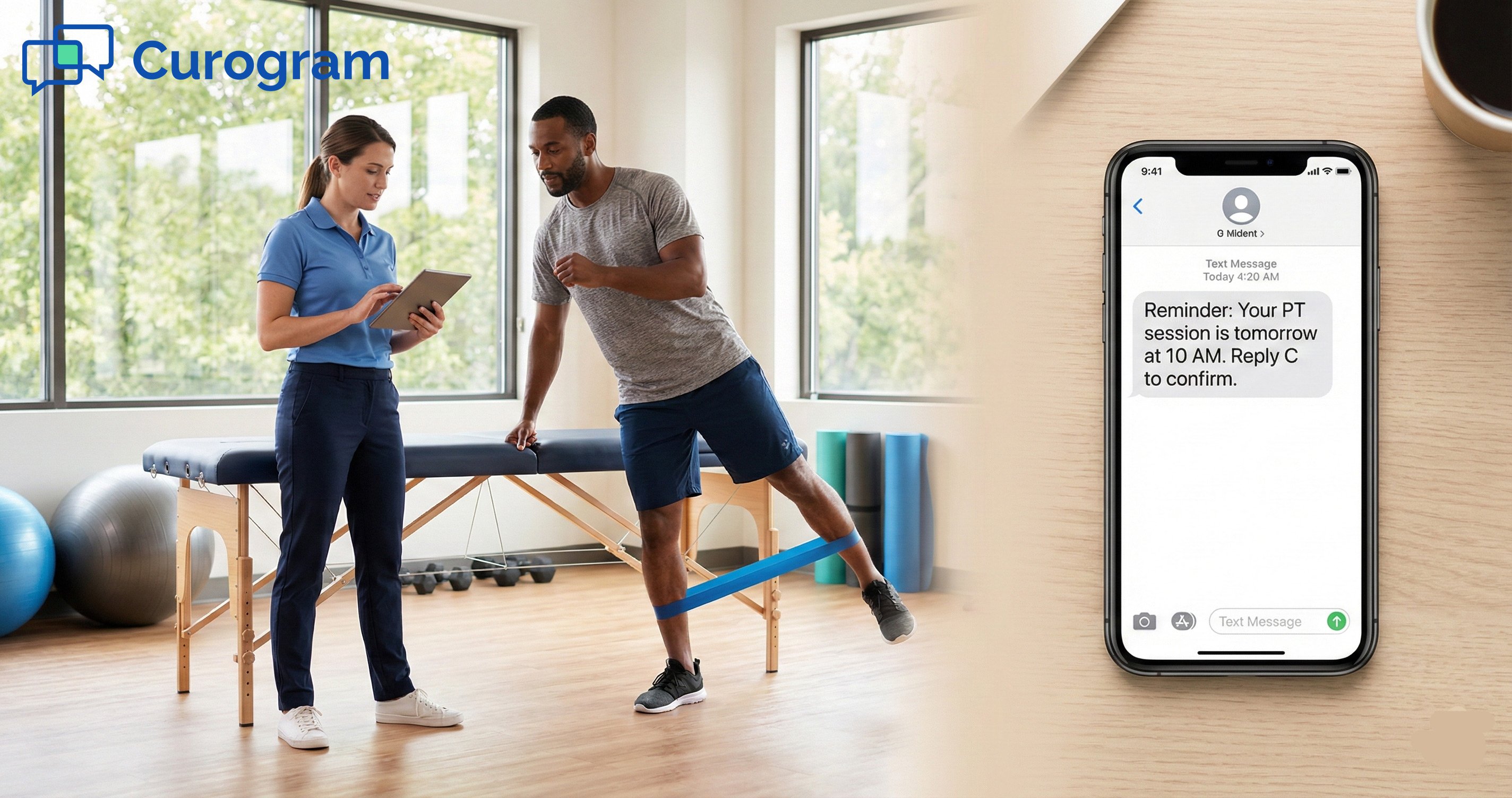 PT clinic scene alongside a smartphone displaying an automated patient appointment reminder text message