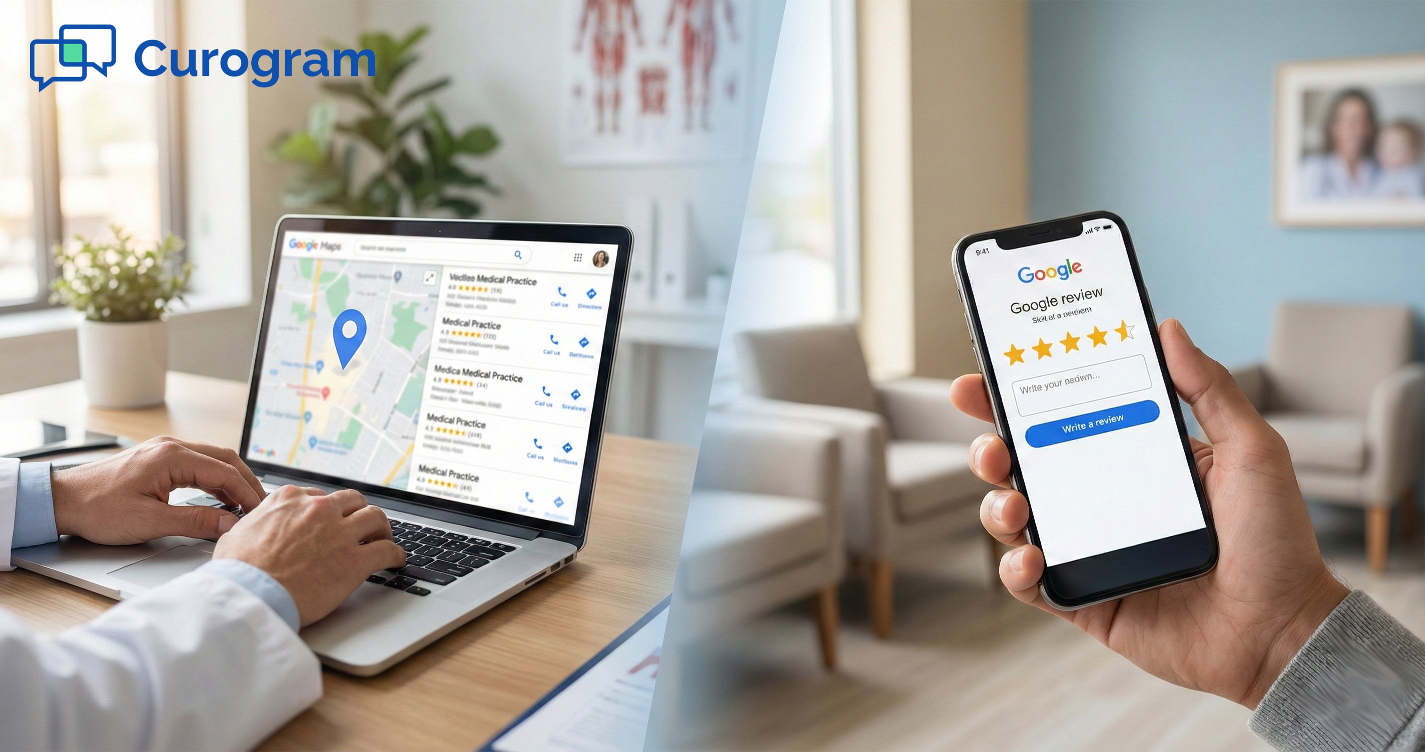 A doctor managing Google Maps presence and a patient leaving a 5-star review on a smartphone