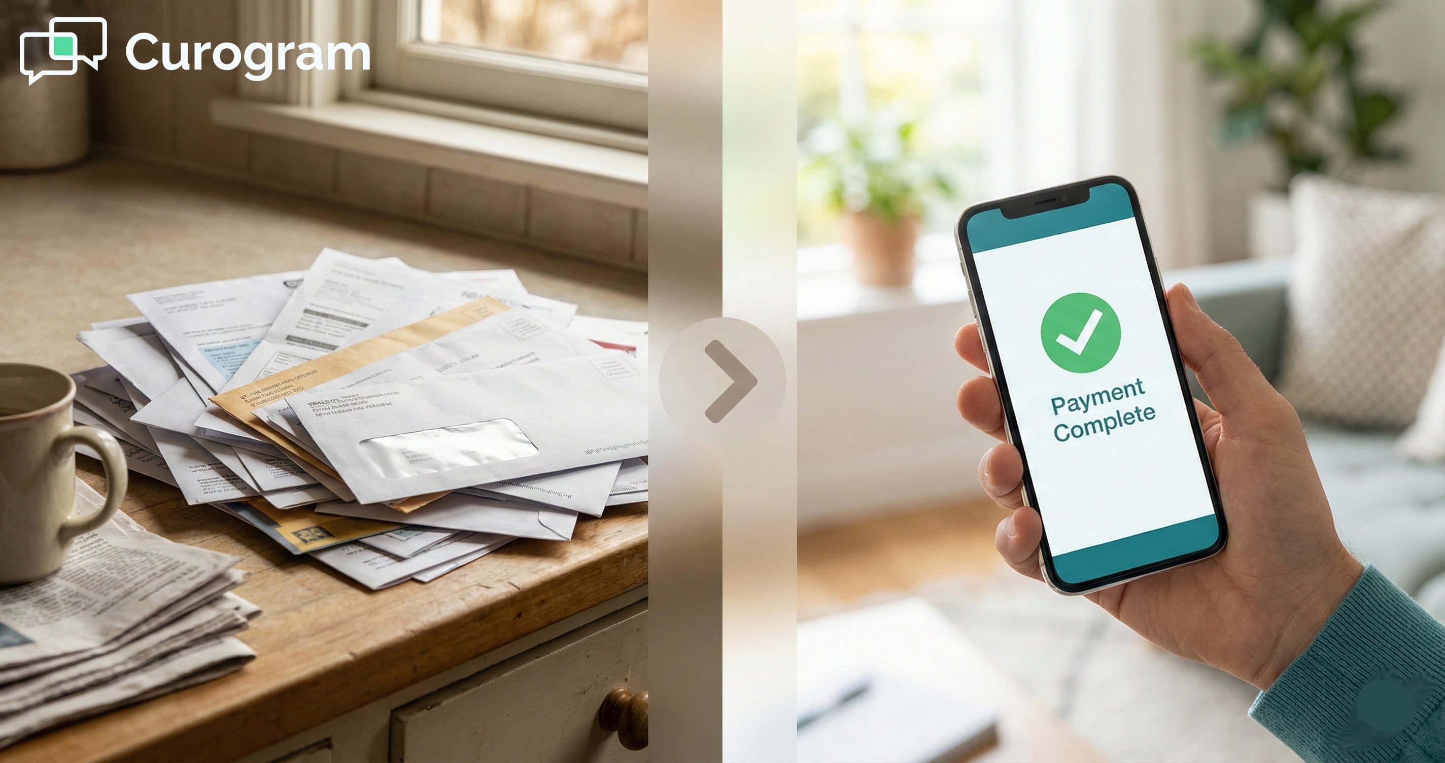 Featured image contrasting messy paper bills with an easy mobile medical payment on a phone