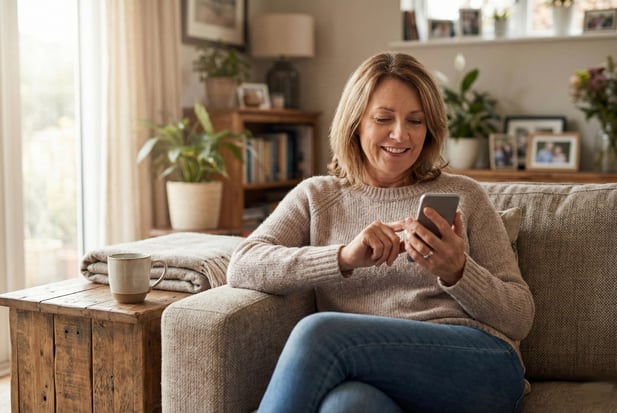 A patient comfortably paying a medical bill on her smartphone from her living room couch