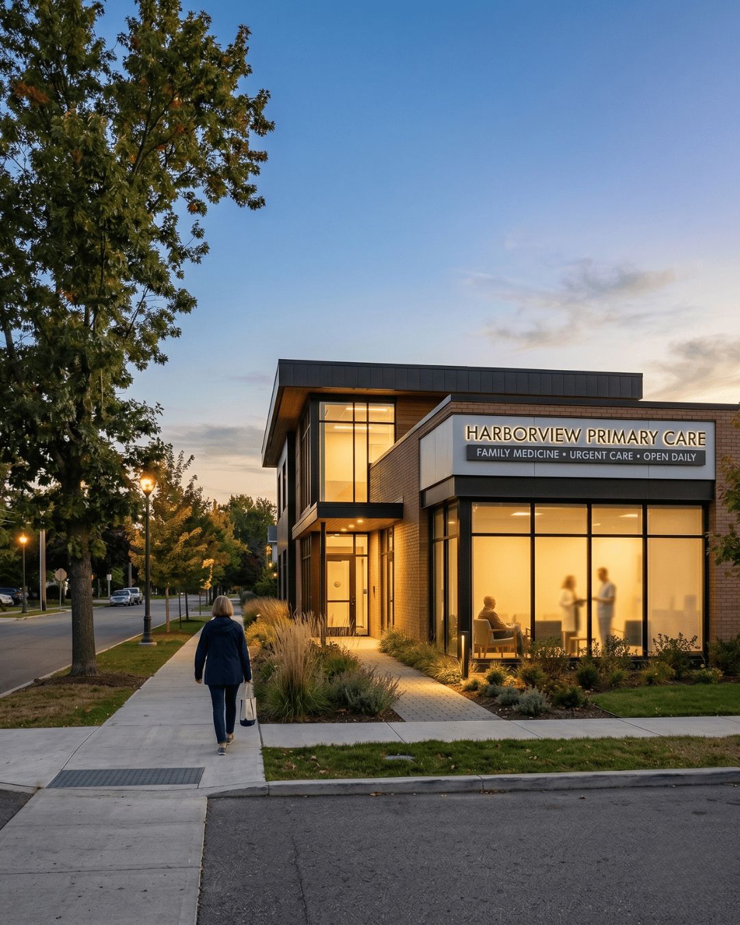 Modern primary care clinic exterior at dusk, drawing patients with a strong online reputation.