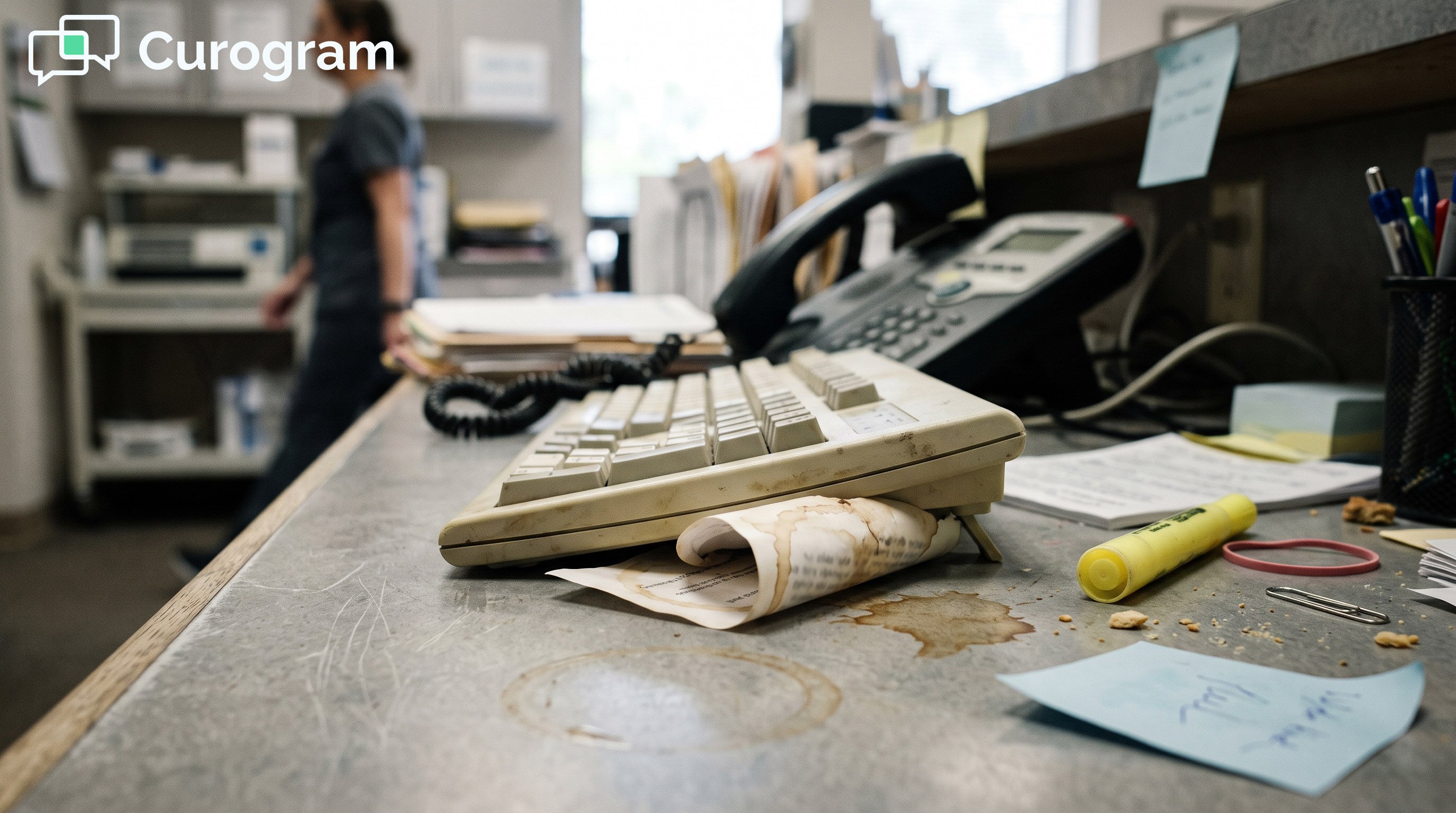 A cluttered clinic front-desk workspace, signifying a frazzled staff