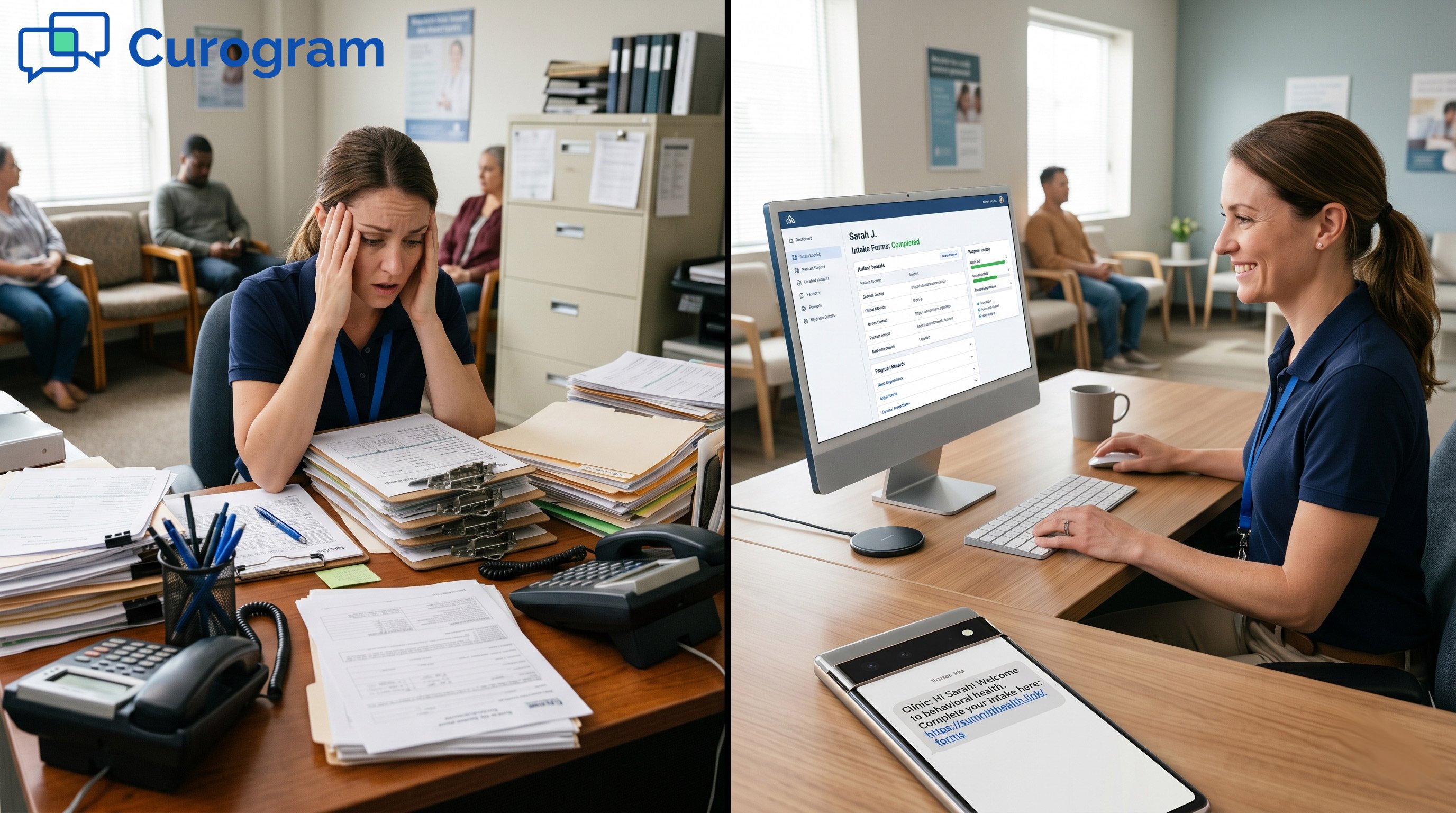 Stressed receptionist with paper forms vs. happy receptionist working on a computer