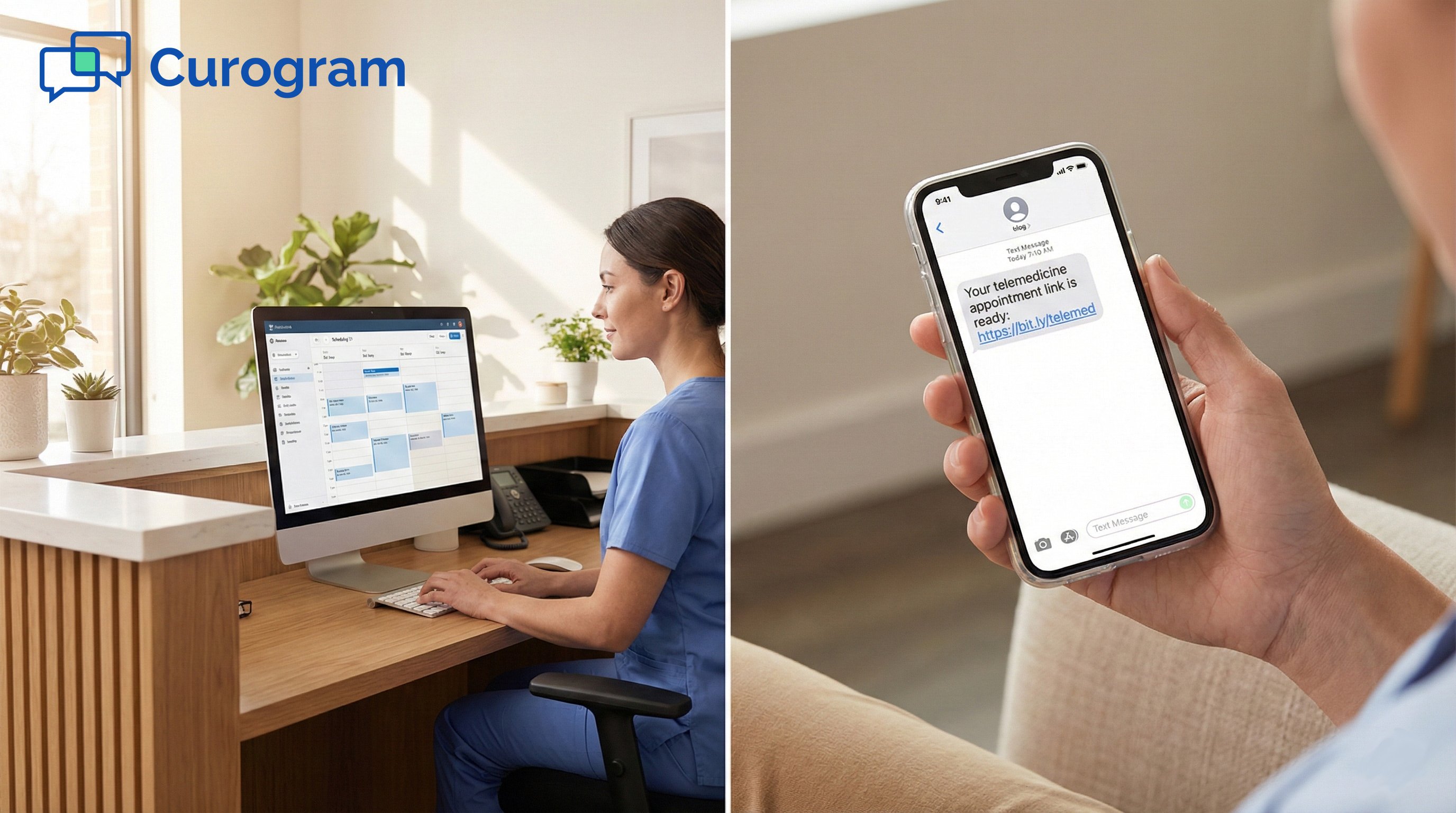 Integrated telemedicine workflow showing receptionist and patient receiving an appointment via text