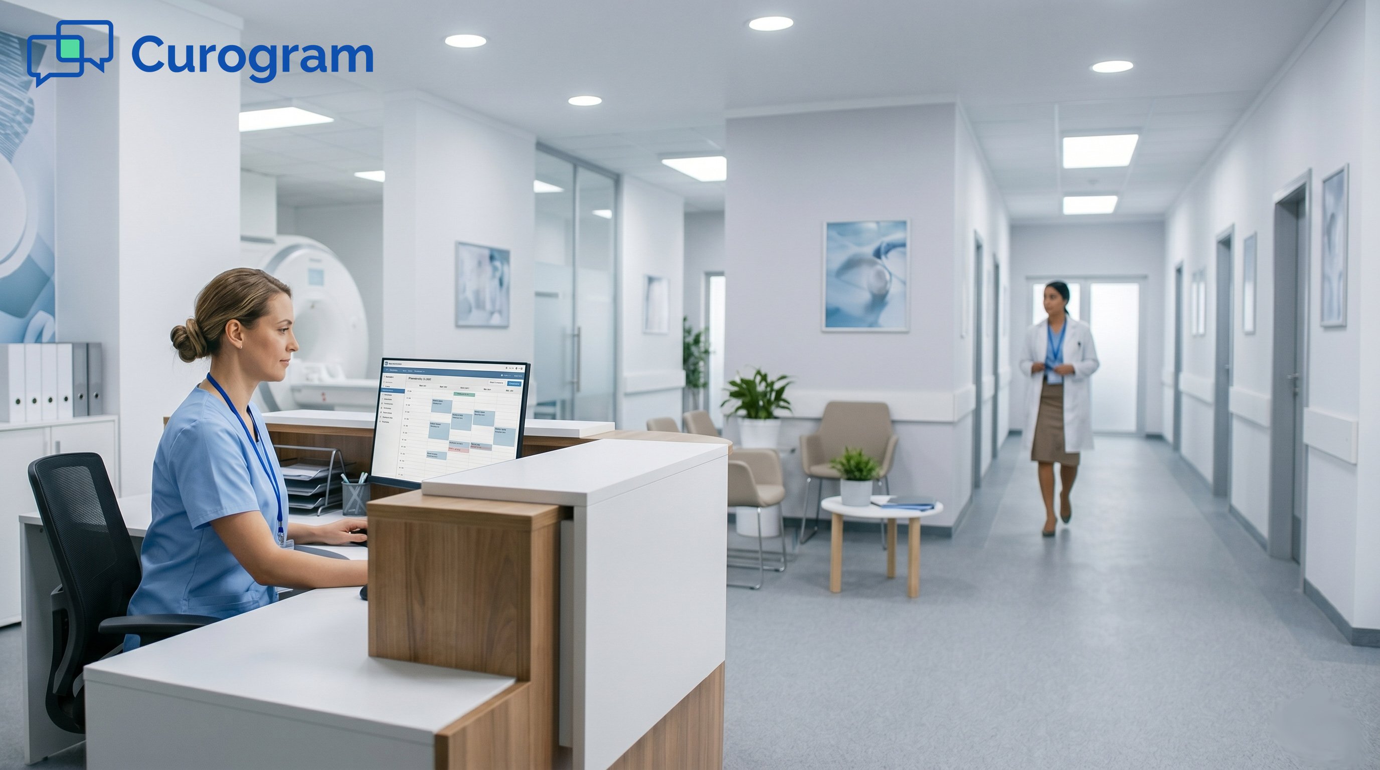 An imaging clinic, with a front desk staff manning the station and a doctor walking down the hall