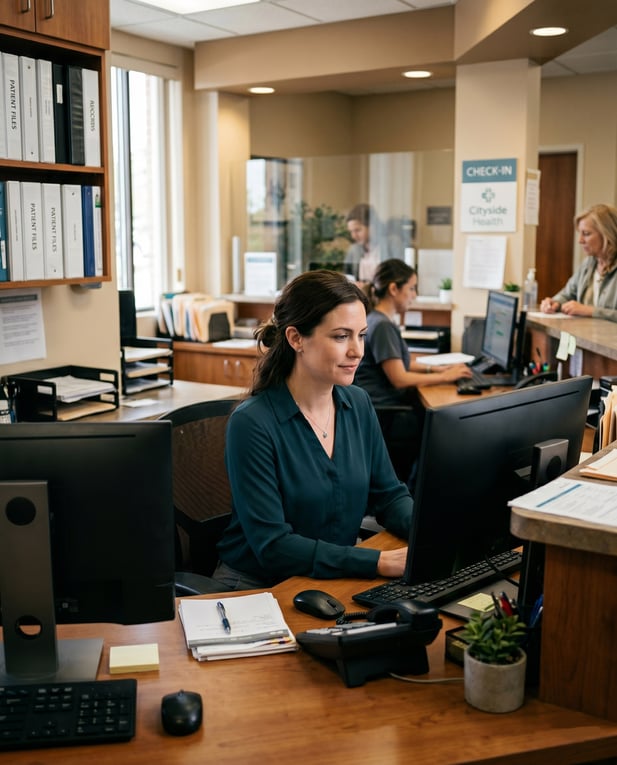 Clinic administrative staff member working at a desk with two monitors. Left screen is blank
