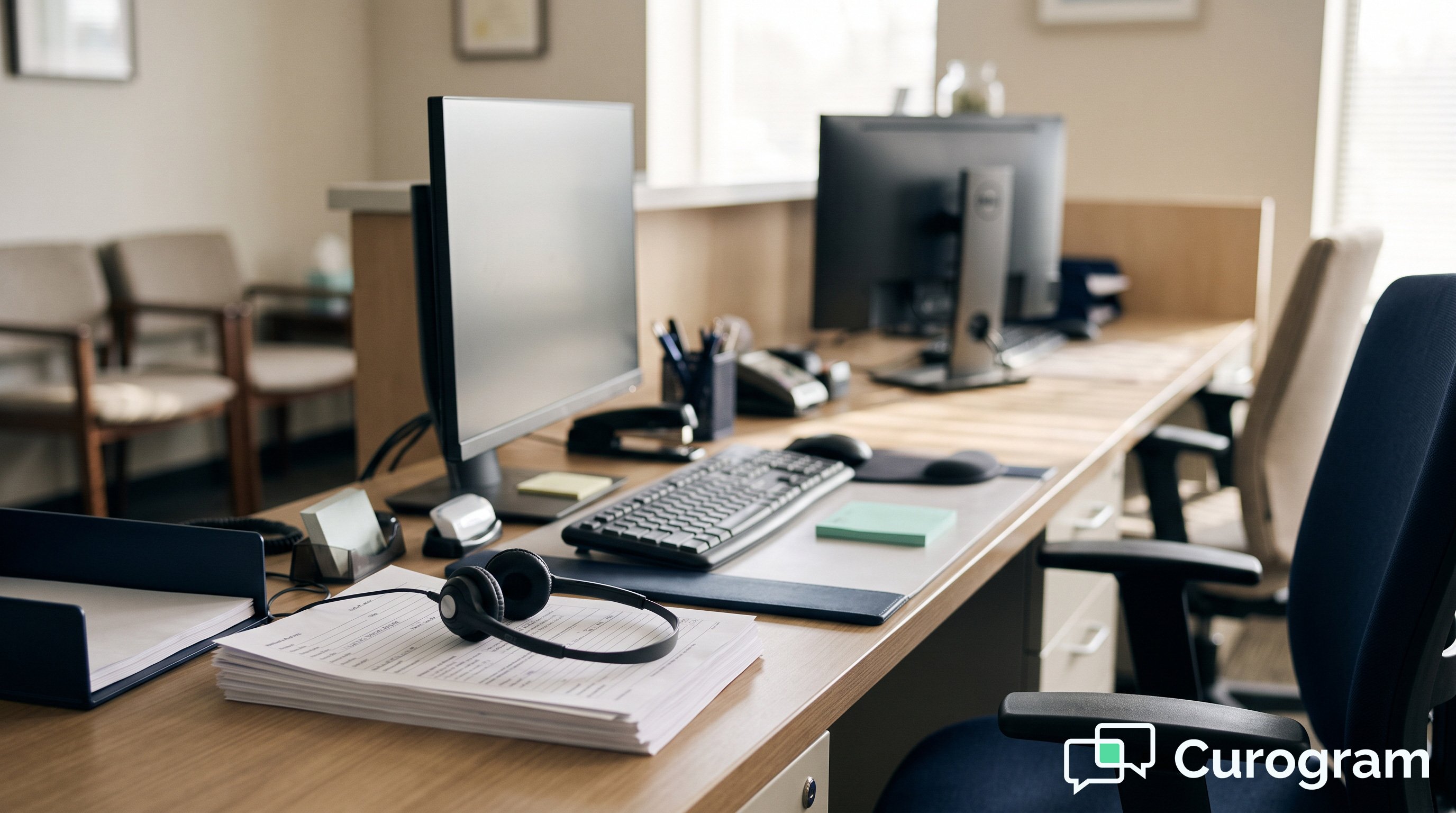 A practice front desk with two monitors, a headset and a stack of patient forms