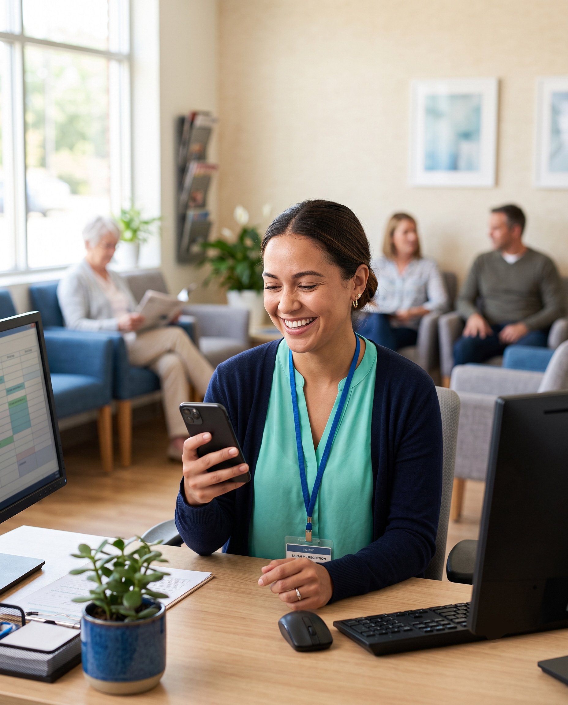 Friendly clinic receptionist uses a smartphone to enhance patient communications and scheduling