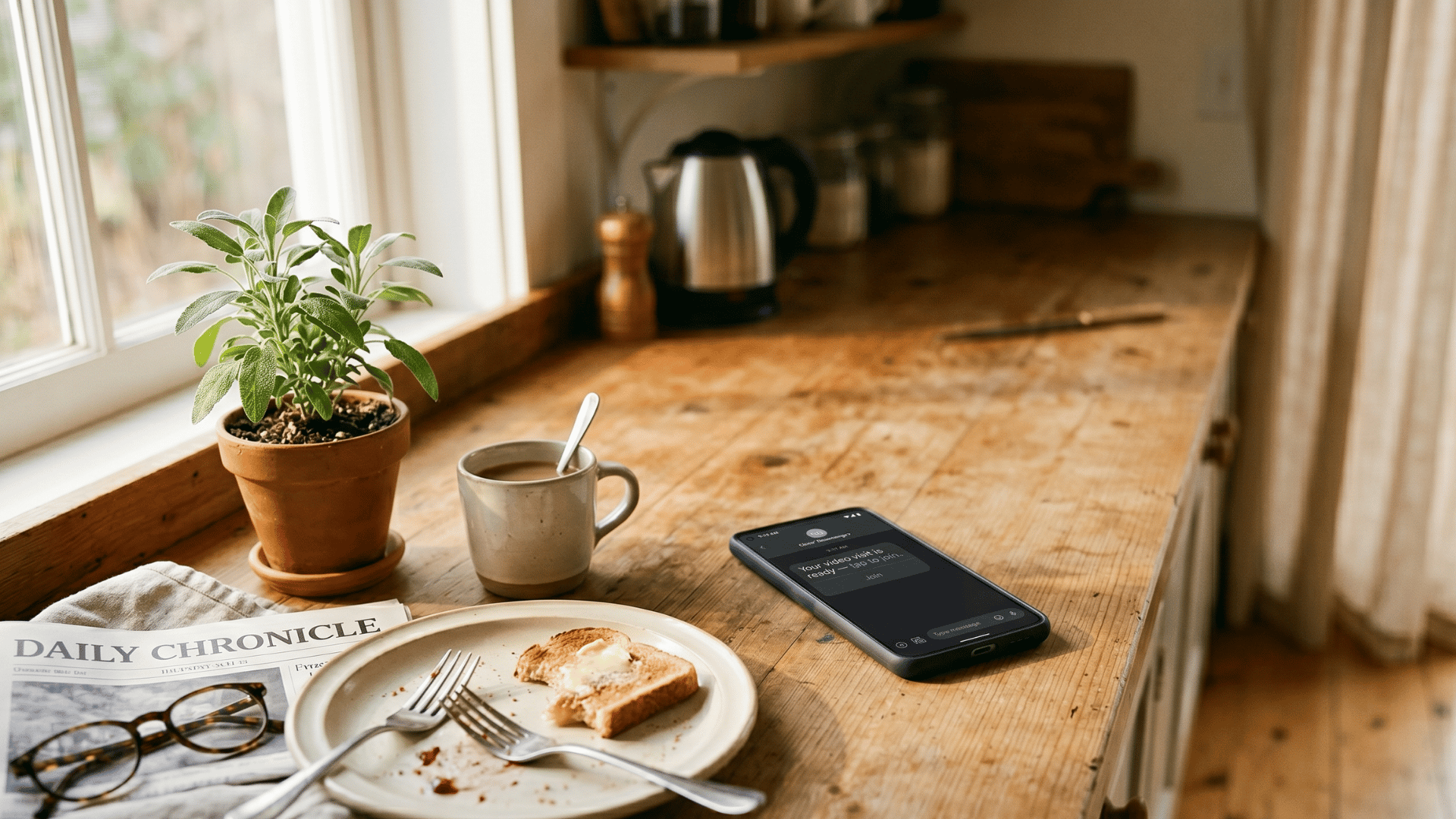 Phone on kitchen counter showing text-link telehealth visit invite in morning light.