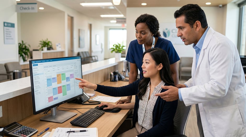 Healthcare team reviewing a patient scheduling calendar on a reception monitor
