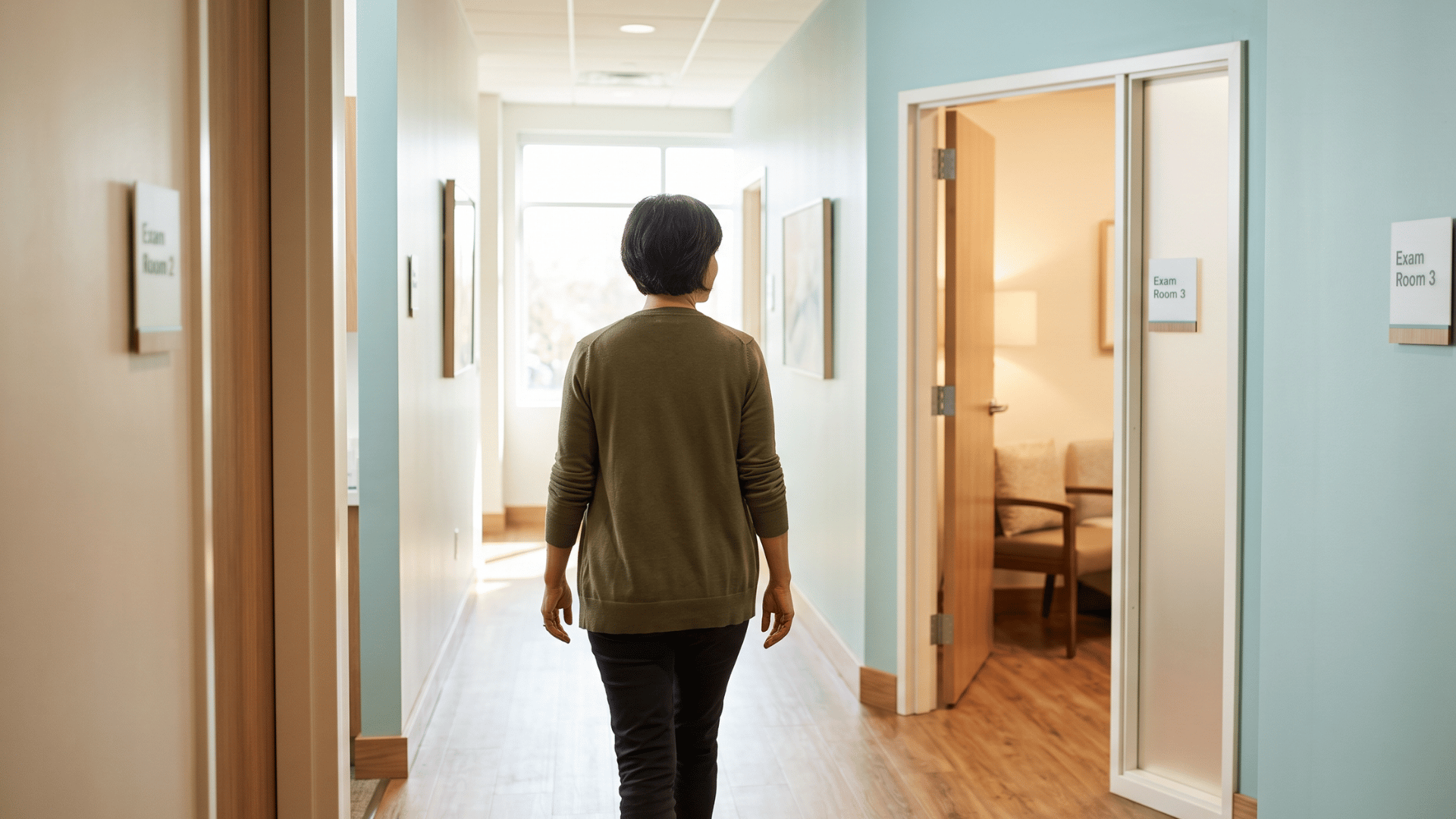 Patient walking straight back through a calm clinic hallway after finishing intake early.
