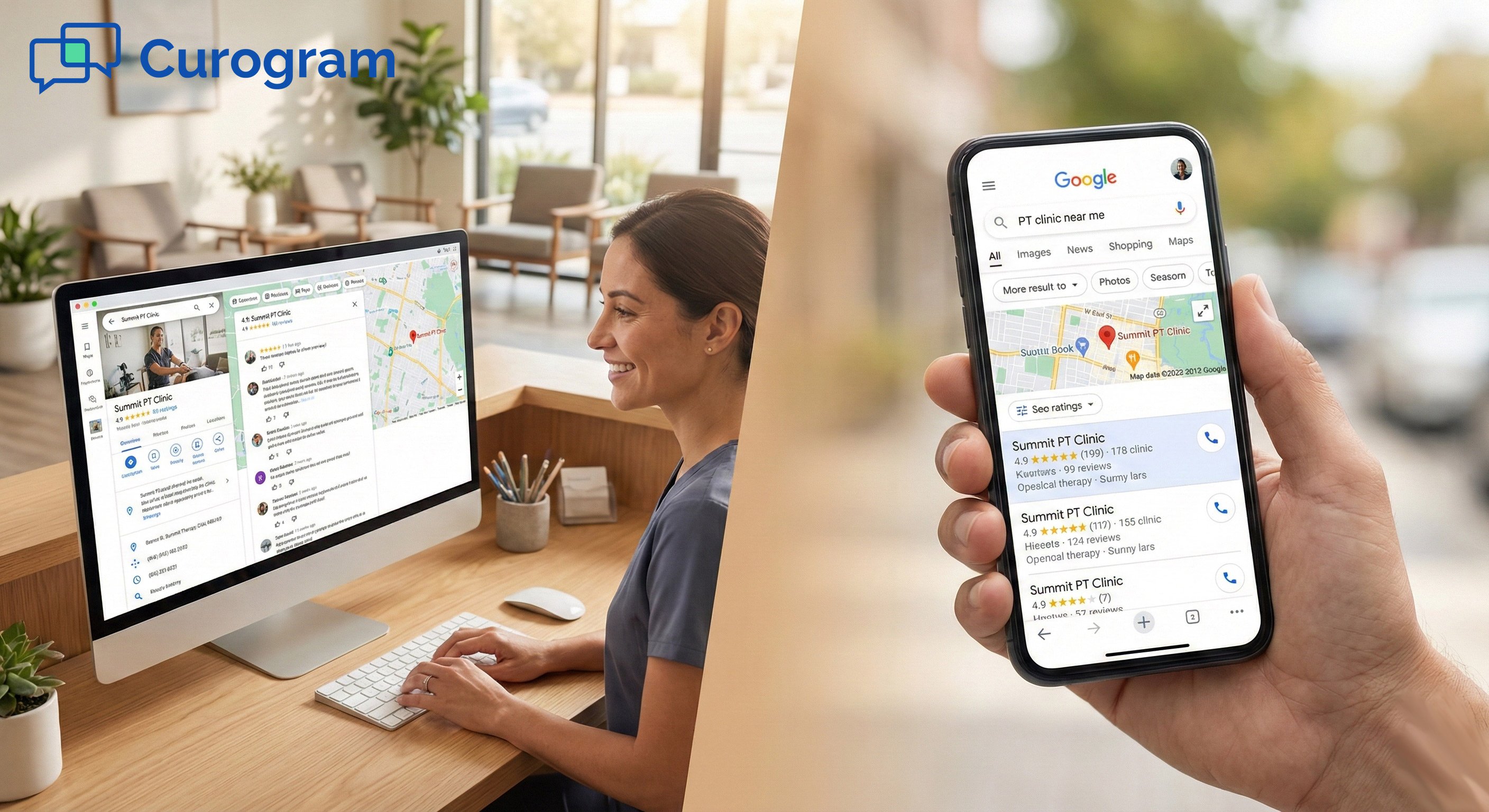 PT clinic receptionist viewing Google reviews next to a smartphone showing local map pack results