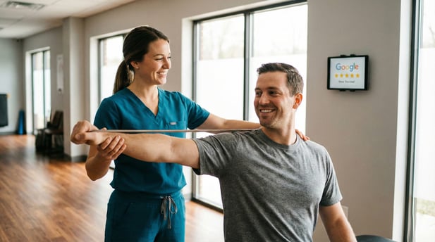 Physical therapist treating a happy patient in a clinic with a Google 5-star review tablet visible