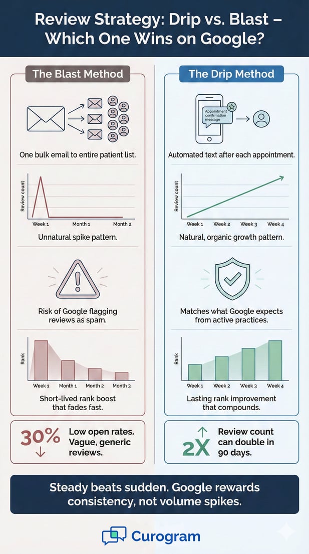 Infographic comparing Drip vs Blast review strategies for Google Local SEO ranking