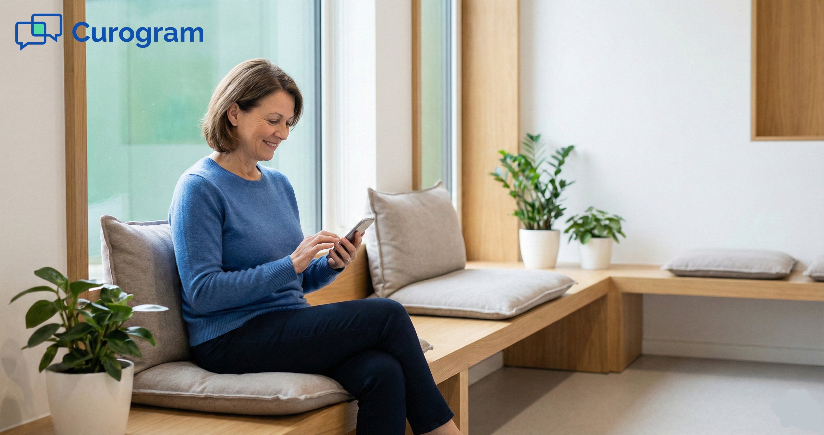 Patient leaving a Google review on a smartphone in a modern medical waiting room