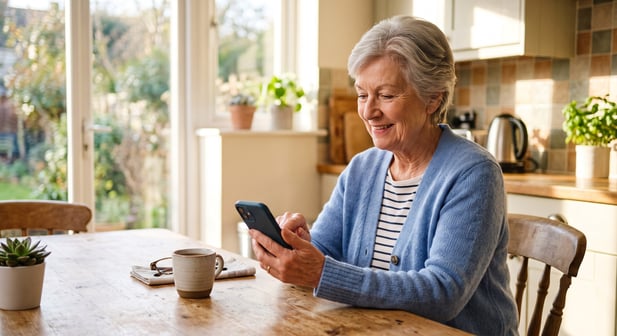 Older adult calmly starting a simple one-tap telehealth visit on smartphone