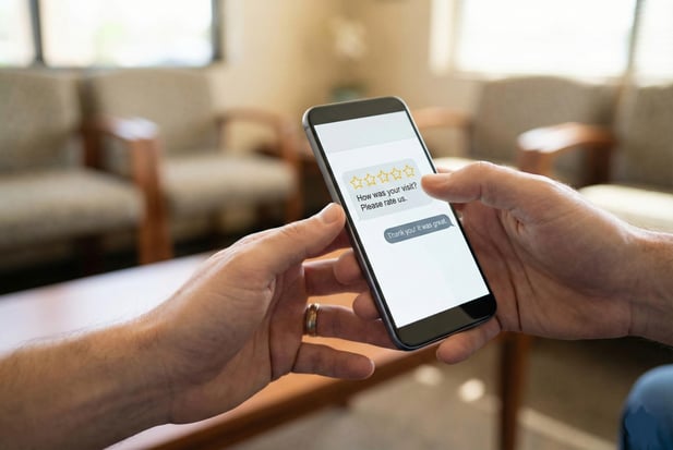 Patient using a smartphone to provide a star rating via an automated text feedback survey