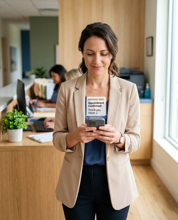 A woman looking at an appointment confirmation message