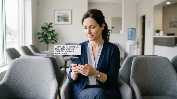 Patient in a waiting room with an SMS review request text overlay